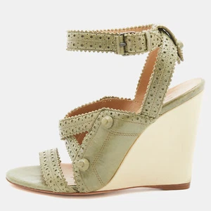 Balenciaga Green Brogue Leather Strappy Wedge Sandals Size 36 - Picture 1 of 9