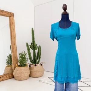 Monoreno Women's M Short Sleeve Stretch Tunic Top Polyester Trim Hemline Teal - Picture 1 of 10