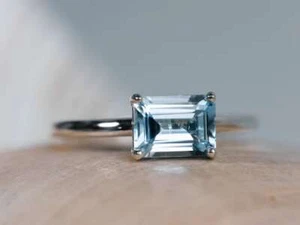 Natural Emerald Cut Sky Blue Topaz Solitaire Women Ring 925 Silver Ring - Picture 1 of 2