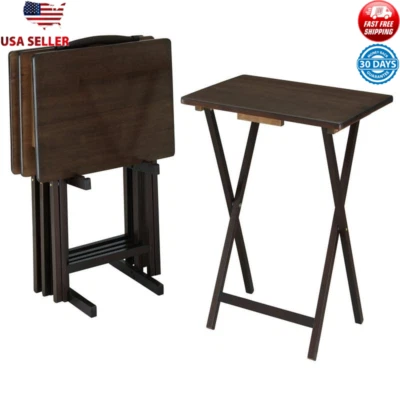 Folding TV Tray Table Set of 5 Walnut Rubberwood 19x15x26 in Storage Rack Stand - Image 1 of 4