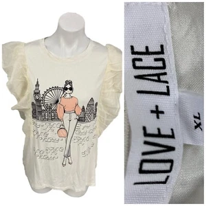 Love & Lace Top Womens XL Ruffle Graphic Fashion Bling Shirt Work Office Casual - Picture 1 of 14
