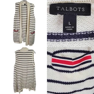 Talbots Sweater Vest Duster Cream Navy Blue Stripe Long Line Cotton Size Large - Picture 1 of 10