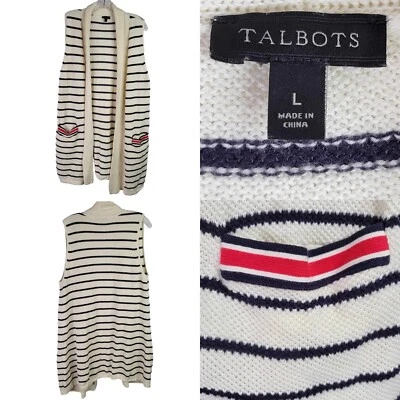Talbots Sweater Vest Duster Cream Navy Blue Stripe Long Line Cotton Size Large - Image 1 of 4