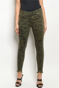 Olive Green Camouflage Distressed Denim Skinny Jeans Size Medium Raw Hem - Picture 1 of 3