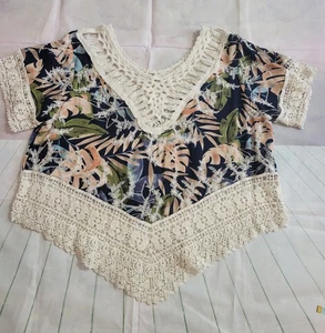 Top túnica floral solitario de ganchillo para mujer azul y marfil boho playa talla grande - Imagen 1 de 9