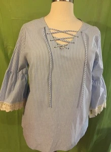 Moa Moa Woman Plus Size 1X Top V-Neck Blue White Striped Lace Top Blouse NWT - Picture 1 of 12