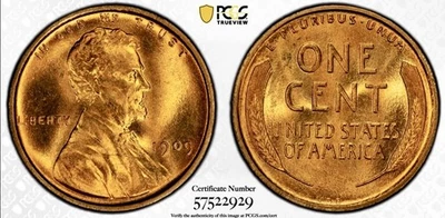 1909 VDB LINCOLN WHEAT CENT PCGS MS66+ RED GOLD SHIELD LABEL - Image 1 of 4
