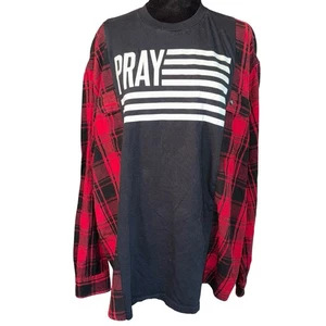 Reworked Upcycled Pray Tshirt &Flannel Festivals Faith Prayer  Size X-Large READ - Picture 1 of 5