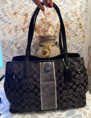 Coach F24882 Black Signature Python Print Stripe Tote Bag Large Shoulder Handbag - Image 1 of 4