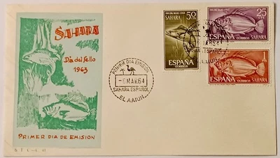 Sáhara 1964. Edifil 222-224. Sobre Primer Día. Día del Sello. Peces - Imagen 1 de 2