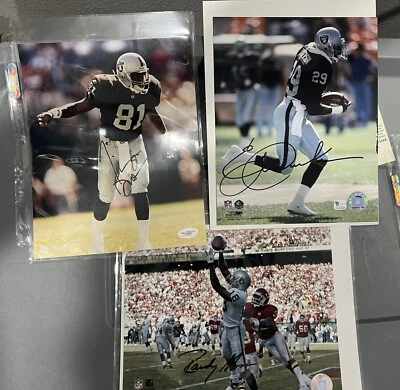 Randy MOSS Eric Dickerson Tim Brown Raiders Lot Signed 8x10 Photo JSA GAI COA - Image 1 of 3