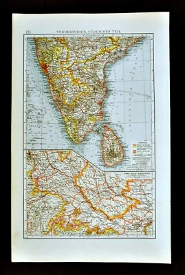 1901 Andrees Map South India Ceylon Colombo Madras Goa Calicut Bangalore Madura - Image 1 of 3