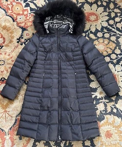 Womens S Talbots Black Long Down Puffer Jacket Coat Faux Fur Removable Hood - Picture 1 of 5