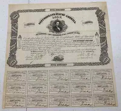 Type 60, Ball 74, 1862 $500 Confederate States of American Loan 15 coupons - Image 1 of 2