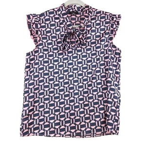 Tamara H. Damen Rüschen Flügelärmel Bluse Medium Retro Geo Print V-Ausschnitt zum Binden - Bild 1 von 13