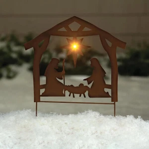 Solar Lighted Metal Nativity Scene Christmas Stake Outdoor Holiday Yard Decor - Picture 1 of 4