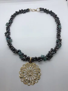 Retro Vintage 14K YG Mandala Necklace On Freshwater Peacock Pearl Double Strand - Picture 1 of 5
