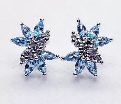 Solid 925 Sterling Silver Genuine Blue Topaz and Cubic Zirconia Earrings EDBTDK - Image 1 of 3