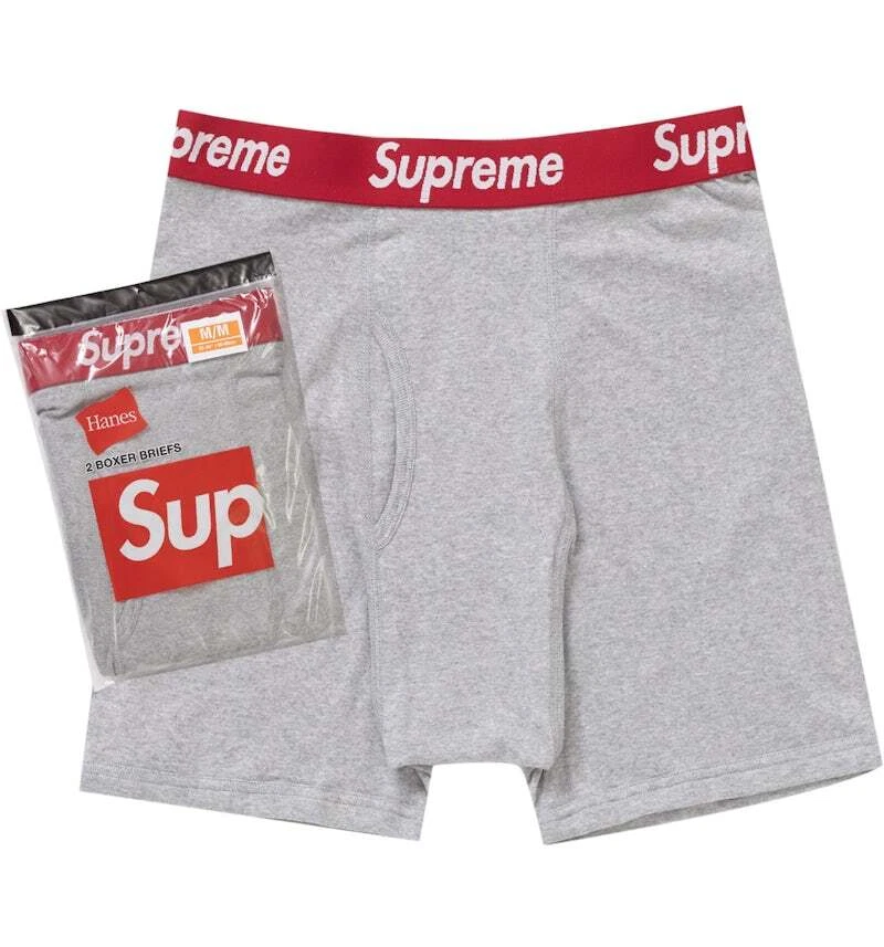 正品 Supreme / Hanes 灰色平角内裤(2 件装)中号/M 32-34 — 第 1/1 张图片