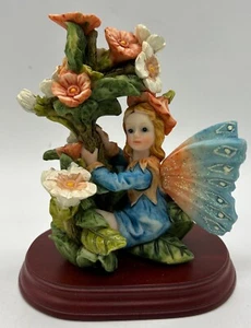 “New Cute & Gorgeous 4”x5” Angel in Blue Dress w/ Butterfly Wings on Wooden Base - Picture 1 of 10