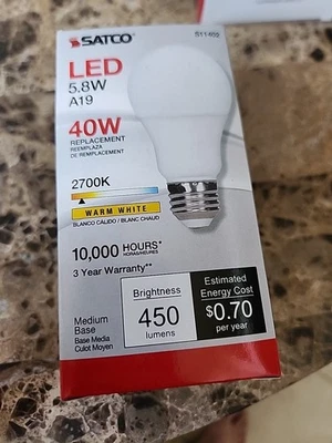 Satco 11402 5.8W LED A19 Light Bulb, 40W Replacement, 2700K Warm White, 450 L... - Image 1 of 3