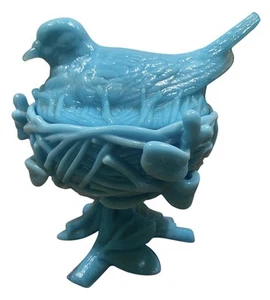 Vintage Dish P.V. Portieux Vallerysthal France Blue Milk Glass Bird On Nest - Picture 1 of 10
