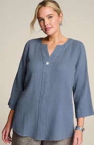 Pure Jill Cotton Gauze One Button Front Top Blue Sz XL Organic Cotton Lagenlook - Photo 1 sur 5