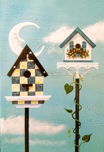 Tarjeta de felicitación artística Birdhouse Birds Moon Home - Imagen 1 de 1