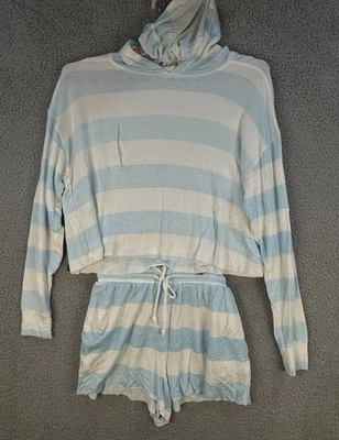 Conjunto de pijama a rayas azul blanco sudadera con capucha top y pantalones cortos para mujer FITSLIKE salón medio Foto 1 de 4