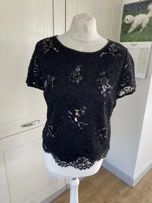 Gorgeous Black Lace Shorter Top Shiny Stones Sequins Coast 12 - Image 1 of 4