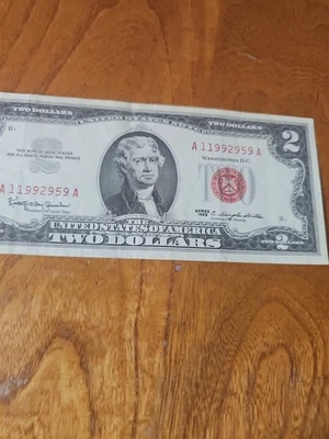 Fancy Four Of A Kind Two Dollar Bill  Serial Numbers 11992959 9s Red Seal 1963 - Image 1 of 4