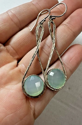 Silver Earrings Israel Green Stone Dangle Pierced Textured 925 - Image 1 of 4