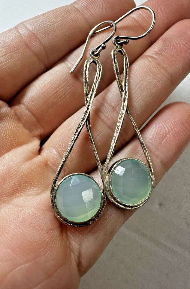 Silver Earrings Israel Green Stone Dangle Pierced Textured 925 - Image 1 of 4