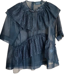 Simone Rocha Damen Top durchsichtig transparente Spitze Rüschen Perlen Kurzarm schwarz - Bild 1 von 6
