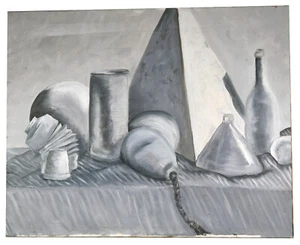 Retro 29" Ölgemälde Leinwand blau grau Stillleben Studie Komposition Agnew - Bild 1 von 4