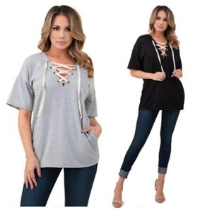 Women's Sexy Black or Gray Plus Size Half Sleeve Lace Up V-Neck Top 1x/2x/3x