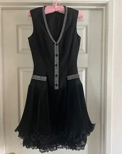 VTG UNION MADE ILGWU 3 TIRED CHIFFON RHINSTONES PARTY DRESS BLACK 1960's SIZE 5 - Picture 1 of 10