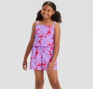 All in Motion: Small (6/7) Girls Woven Purple Flower Romper (O) - Picture 1 of 5