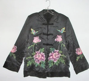 Black Satin Chinoiserie Jacket-Flowers & Butterflies-Reversible to Fleece-Medium - Picture 1 of 9