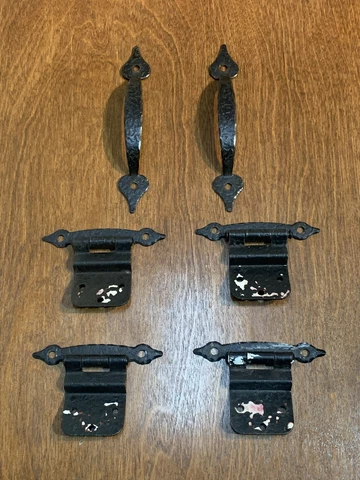 Vintage Black Wrought Iron Cupboard Cabinet Door Handles Hinges Set Cover