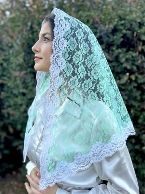 Light Green veils and mantilla Catholic church chapel lace headcovering Mass R — 第 1/3 张图片