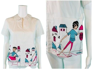 Vintage 60s Novelty Blouse Womens Small Printed Dream Pockets Girl Shirts - Picture 1 of 10