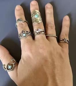 Lot Of 8 Silver Toned Faux Turquoise Fashion Stackable Rings - Picture 1 of 10