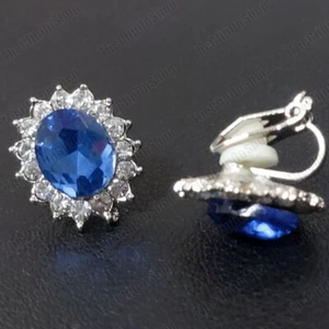 CLIP ON classic blue oval CRYSTAL EARRINGS retro SILVER TONE small vintage style - Picture 1 of 8