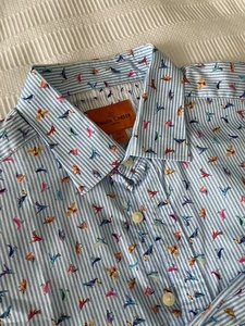Simon Carter Mens Cotton L/S Shirt Size 16" 41cm Stripe Birds Cotton M/L - Picture 1 of 8