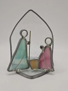 Leaded Stained Art Glass Votive Candle Holder Christmas Nativity Manger 5" Tall - Picture 1 of 7