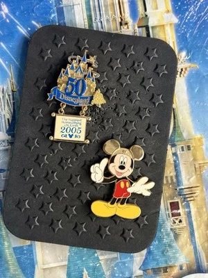 Disney Parks Pin Disneyland 50th Castle & Mickey Mouse Gold Ears 2 Pin Lot Set - Image 1 of 2