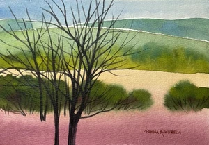 5x7 Pamela Wilhelm Original Watercolor Early Leafless Trees & Layered Hills - Picture 1 of 1