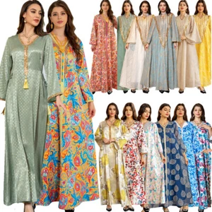 Muslim Elegant Women Print Kaftan Maxi Dress Dubai Abaya Turkey Caftan Arab Robe - Picture 1 of 162