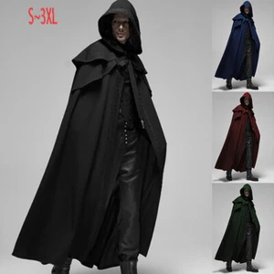 Mens Renaissance Gothic Hooded Cape - Medieval Vintage Long Cloak Halloween Coat - Picture 1 of 12